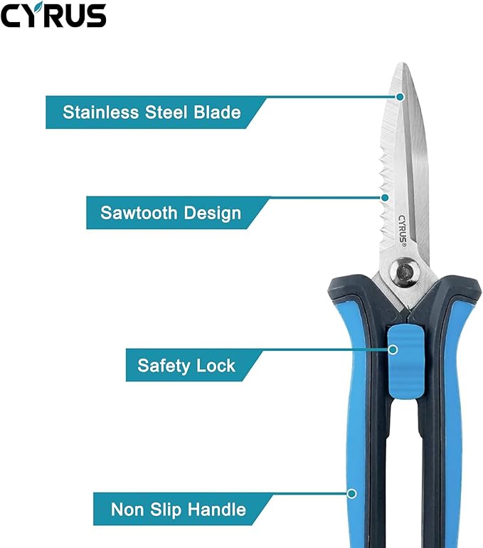 CYRUS Pruning Shears 8" Hand Gardening Scissors Extended Straight Carbon Blades Trimming Precision Bud Scissors with Sharp Serrations Widely Used for Gardening, Hydroponics, Grow Tents