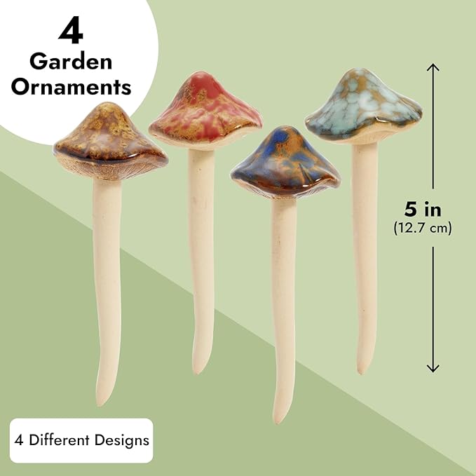 Juvale Ceramic Outdoor Mushrooms Plant Stakes - 5 in, Assorted Brown, Red, Orange & Green, 4-Pack - Set of Garden Mushrooms for Planter Pots & Indoor & Outdoor Garden Decor