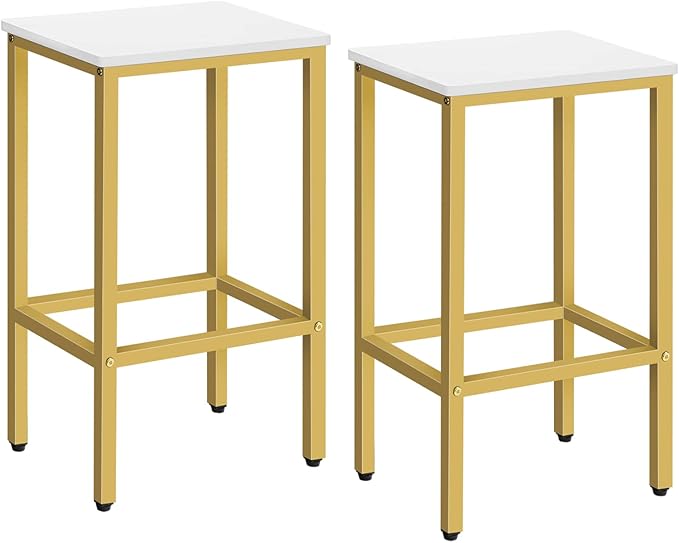 MAHANCRIS Bar Stools, Set of 2 Bar Chairs, Kitchen Breakfast Bar Stools with Footrest, 25.8-Inch Height, Rectangular Industrial Stools, for Dining Room, Easy Assembly, White and Gold BAJW0101
