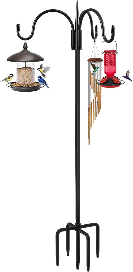 FEED GARDEN [Upgrade Version 92 Inch Three Shepherd Hooks for Outdoor,Bird Feeder Pole with 5 Prong Base, Adjustable Shepard Hooks for Hanging Plant, Solar Lanterns, Wind Chimes, 1 Pack