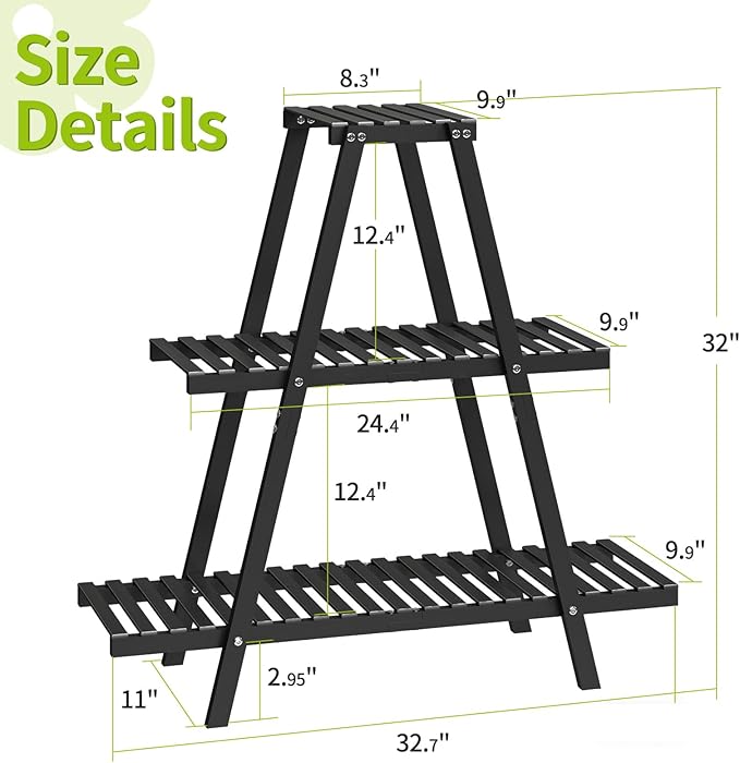 BMOSU Plant Stand Bamboo for Indoor Outdoor Tiered Plant Shelf 8 Potted Flower Holder Ladder Rack Garden Balcony Living Room Patio(3 Tier Black)