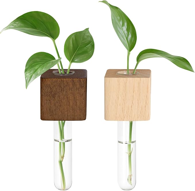 Magnetic Test Tube Flower Vases for Refrigerator, Set of 2 Wooden Fridge Magnet Planters with Glass Tubes – Light & Dark Wood Color, Propagation Station for Hydroponic Display (No Plant Included)