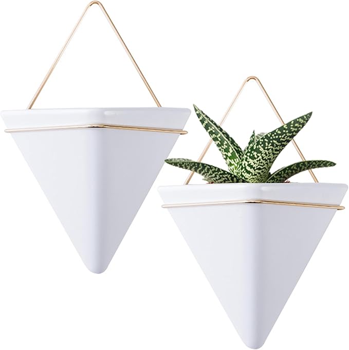 Hanging Planter, 2PCS Geometric Triangle Wall Plant Holder, Ceramic Wall Mounted Plant Holder, for Succulent, Faux Plants, Home and Office Decor, White