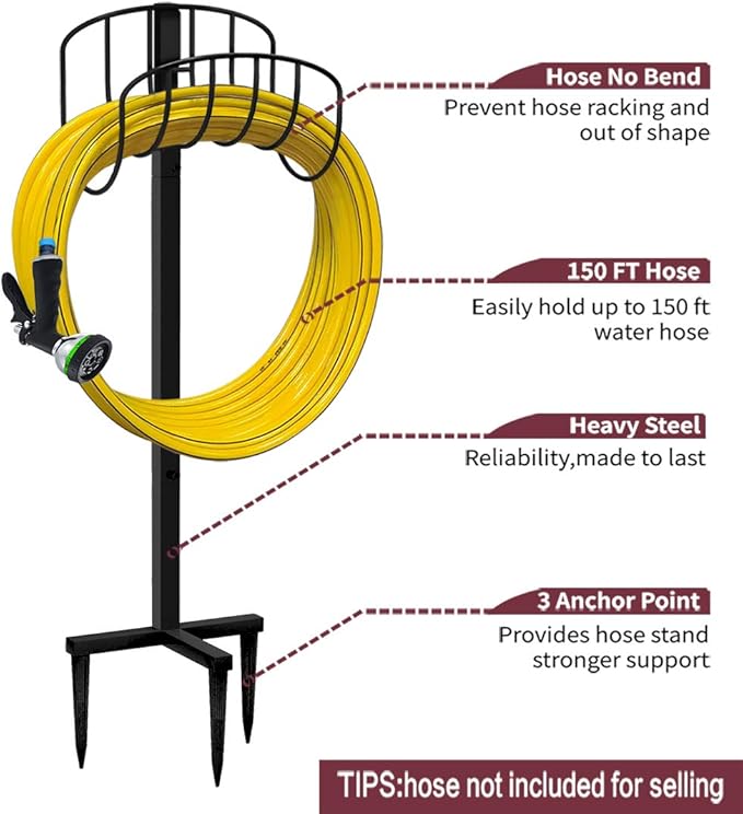 Artigarden Freestanding Garden Hose Holder Hanger, Outdoor Heavy Duty Metal Water Hose Storage Holders Stand Organizer Rack Detachable Stake, Holds 150 Ft of Hoses for Outside Lawn Yard, Black