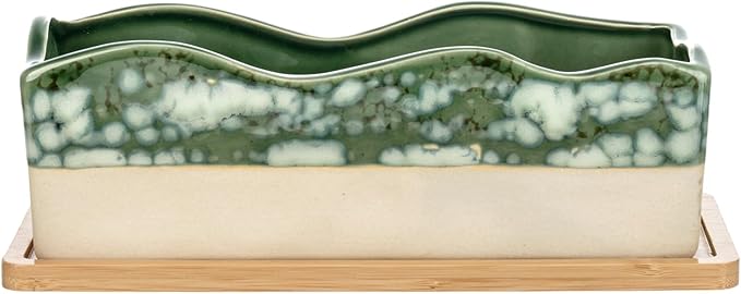 MyGift Rectangular Succulent Planter - Decorative Beige and Green Ceramic Glazed Plant Container Pot with Removable Bamboo Tray