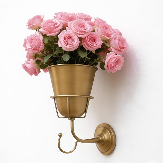 Gold Wall Vase for Flowers, Boho Metal Hanging Vessel, Versatile Organizer Wall Decor for Home Living Room, Bedroom, Bathroom & Kitchen, Office
