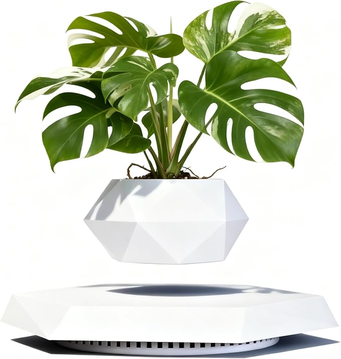HCNT Levitating Plant Pot, Magnetic Levitation Flower Pot Rotating Planters Suspension Floating Planter Succulents Potted for Home Living Room Office Desk Decoration (White)
