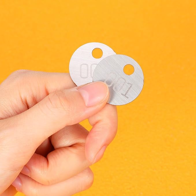 Round Tag 1-1/4 Inch Small Circle Metal Tags Number Options 001-050 Stamping Tag with Hole for Pets, Plants, Doors (100 Pieces)