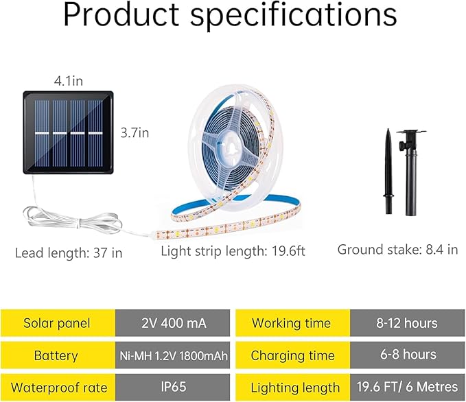 Solar LED Strip Lights Outdoor Waterproof 19.6FT 180 LED Solar Powered Rope Light Cuttable 8 Modes for Outside, Garden, Patio, Deck, Fence, Pathway, Stair, Poolside, 6000K White 2 Pack