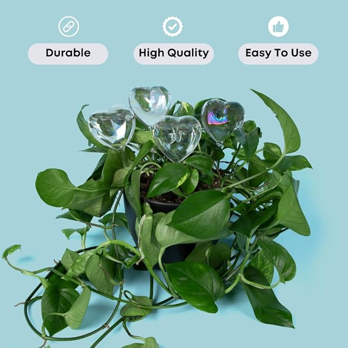 Heart Plant Watering Globes – 4-Pcs Set Self-Watering Globes – Water Globes for Indoor Plants, Flowers, Outdoor Plants – Watering Bulb Water Dripper – Cute Iridescent Glass Heart Globes
