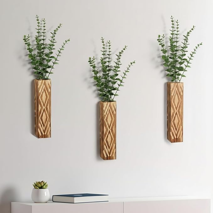 3 Pack Boho Wood Wall Planters for Indoor Plants- Geometric Hanging Vases, Modern Farmhouse Wall Decor Holders for Entryway, Bathroom & Living Spaces, Plants Excluded (Log Color-a)