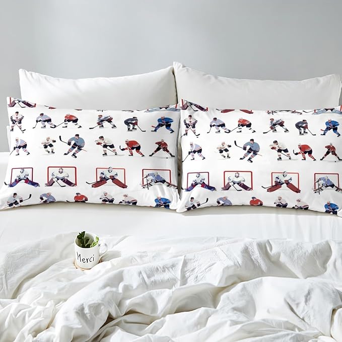 Ice Hockey Sheet Set Full Kids Sports Event Bedding Set Hockey Player Bed Sheets for Boys Bedroom Decor Soft Winter Sports Hockey Puck Bed Set (Twin Flat Sheet & Fitted Sheet with 2 Pillow Case)