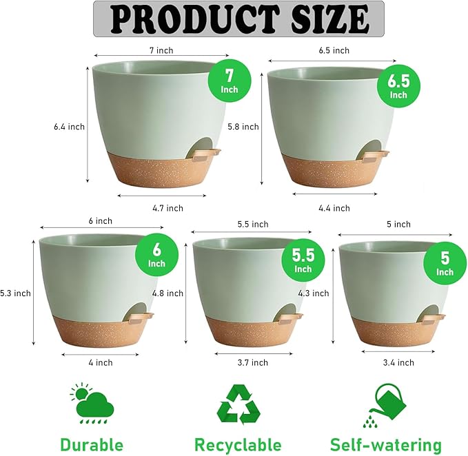 5-Pack Plant Pots with Drainage 7/6.5/6/5.5/5 Inch, Self Watering Pots for Indoor Plants, Planters for Indoor Outdoor Plants, Plastic Flower Pot, Planter for Indoor Outdoor (Green)