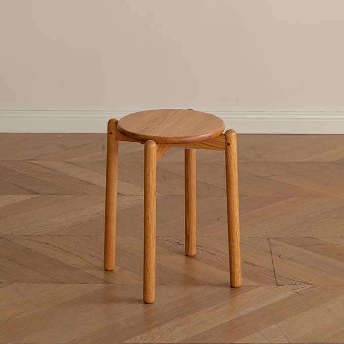 Oak Stackable Stool, Small Plant Stand, Round Wooden Stool for Dining Room, Living Room, Entryway, Classroom, School, 15.4" x 15.4" x 16.7”, Natural