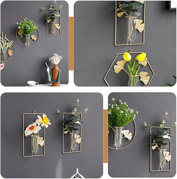 Veemoon Wall Hanging Glass Terrariums Planter Wall Mounted Plant Propagation Station Test Tube Mini Vase Pot for Hydroponic Plants Gingko Leaf Sculpture Home Decor Gold L