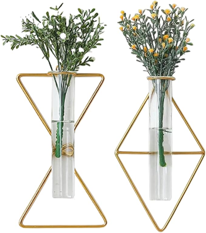 2 Pack Nordic Wall Vase Hanging Geometric Gold Flower Vase Wall Mount Metal Frame Vases Hydroponic Glass Bud Vase Decor for Home Wedding Farmhouse