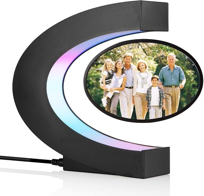 Magnetic Levitating Floating Photo Frame with Colourful LED Light Rotating Levitation Picture Frame Display for Room Decor, Creative Gifts (C-Shaped)
