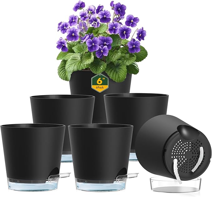 Meowell 6 inch Self Watering Pots for Indoor Outdoor Plants, 6 Pack Flower Plant Pots with Drainage Holes and Clear Reservoirs, Visible Water Level, Plastic Planters with Wicking Rope, Black