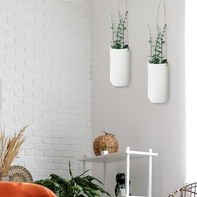 2 Pcs 5.9 Inch White Ceramic Wall Planter Modern Home Hanging Vase for Living Room Bedroom Bathroom Minimalist Indoor Ceramic Hanging Flower Vase for Dried Flowers Faux Greenery Plants