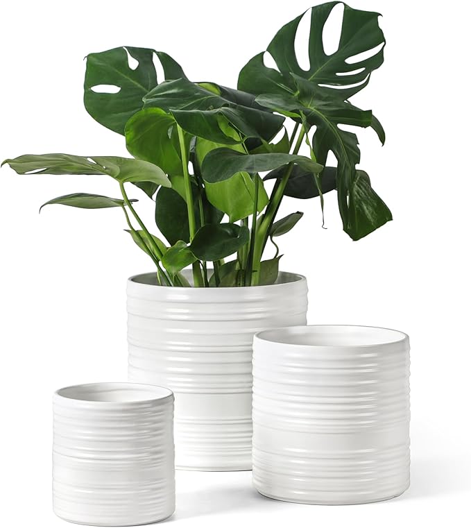 Ceramic Pots for Plants, 10+8+6 Inch White Planter with Drainage, Modern Striped Indoor/Outdoor Flower Pots for Succulents, Herbs, Home Office & Patio - Includes Mesh Pads & Saucer, Set of 3 ﻿