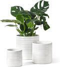Ceramic Pots for Plants, 10+8+6 Inch White Planter with Drainage, Modern Striped Indoor/Outdoor Flower Pots for Succulents, Herbs, Home Office & Patio - Includes Mesh Pads & Saucer, Set of 3 ﻿