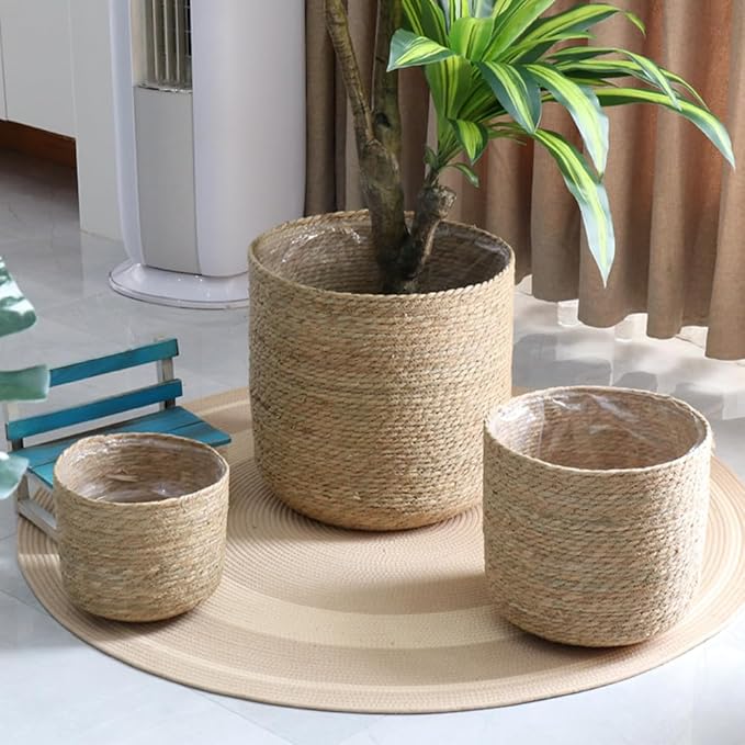 Seagrass Planter Basket Set with Plastic Lining Woven Indoor Outdoor Plant Pot Covers Natural Storage Containers for Flowers & Plants(11.81''X11.81'')