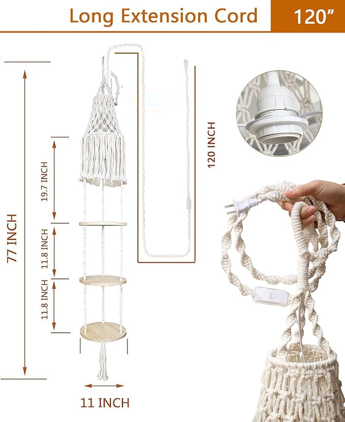 YKBU Macrame Plant Hanger Shelf Hanging Rope Shelf Indoor with Boho Lamp Shade 3 Tier Floating Round Shelves Decorative Shelf Flower Pot Holder Planter Display Rack Boho Home Decor-1 Set
