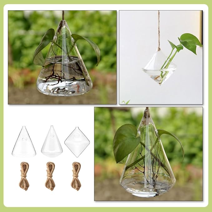 Geometric Glass Hydroponic Planter Set of 3 Wall Mounted Hanging Vases for Indoor Home Décor and Plant Propagation