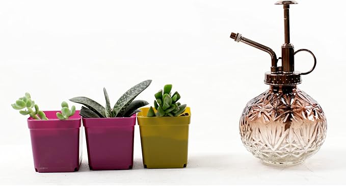 Hniuyun Glass Plant Mister Spray Bottle, 6.5inch Tall Vintage Round Spritzer with Bronze Plastic Top Pump for Watering Your Garden (Brownish White Gradient)
