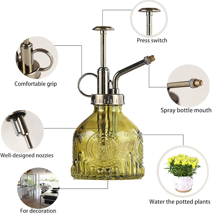 Plant Mister Glass Spray Bottle Small Plant Watering Can 6.4" Tall Retro Indoor Watering Can Bronze Plastic Top Pump for Garden Indoor Plant Sprayer