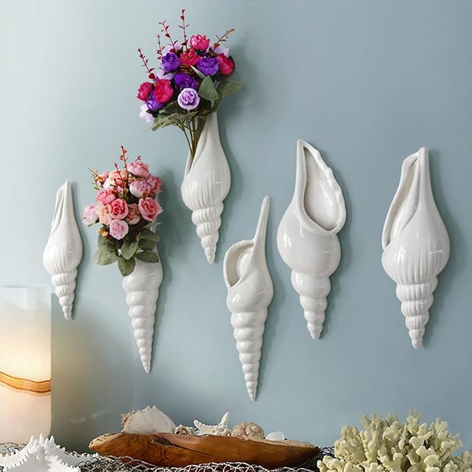Ceramic Hanging Planter Wall Planter Modern Flower Plant Pots Seashell Conch Flower Vase Home Decor Living Room Background Wall Decorated Plants Planter Hanging Planters (C)