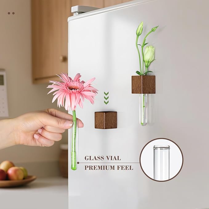 Magnetic Test Tube Flower Vases for Refrigerator, Set of 2 Wooden Fridge Magnet Planters with Glass Tubes – Light & Dark Wood Color, Propagation Station for Hydroponic Display (No Plant Included)