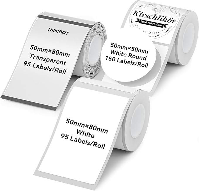 NIIMBOT Thermal Label Tape 3 Rolls, Compatible with B1 B21 B31 Label Maker | Multi-Size Pack, 50x80mm White, 50x80mm Clear, 50x50mm Round | for Address, Jar, Gift, Logo & File Organization Stickers