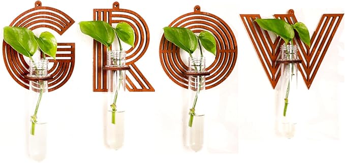 4 Pack Letter Wall Propagation Planters Test Tubes Wall Decor for Hanging Plants Clear Water Plant Vase Boho Alphabet Functional Art Wood Brown Set Grow