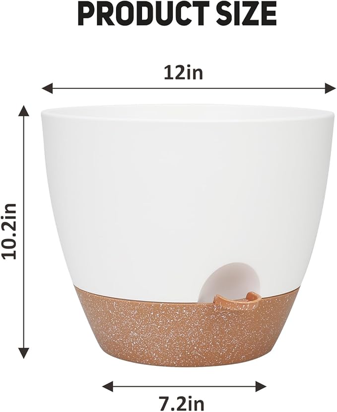YNNICO 12 Inch Large Self Watering Plant Pot Set, Flower Pots with Multi-Mesh Drainage Holes and Saucer, Suitable for Indoor and Outdoor Garden Plants, White.