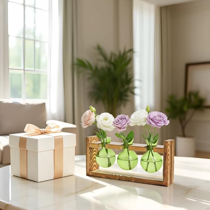 XXXFLOWER 3 Bulb Glass Propagation Station with Wooden Stand, Propagation Vase Propagated Plant Holders Tabletop Planter, Gardening Hydroponics Gift Home Office Indoor Decor (Green)