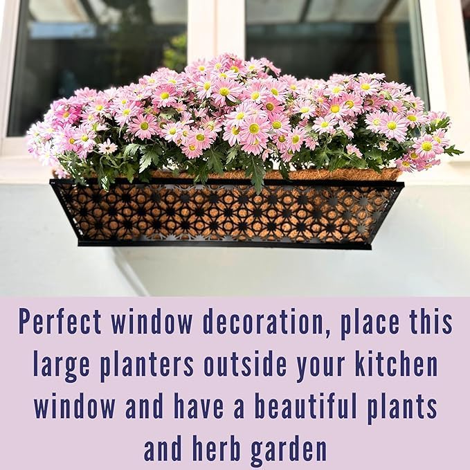 Maxona Window Boxes Planters to Attach to House, 4 Pack, 24 inch, Wall Planter for Outdoor Plants with Coco Liner, Black Metal Flower Basket Balcony Garden Fence Rail Railing Deck Patio Porch Décor