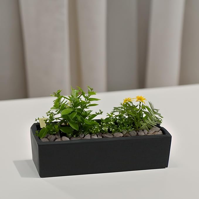 WGVI Long Rectangle Ceramic Planter Vase in Black 14" x 4" x 4"H, Rectangular Box Block Terrarium Pot, Flower Arrangement, Tabletop Centerpiece, Home Decor Organization Storage Container, 1 Pc.