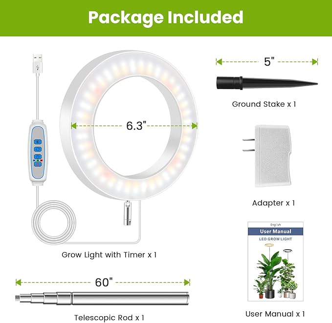 Kullsinss White Grow Light, Full Spectrum LED Plant Lights for Indoor Growing with 6/12/16H Timer, 3 Color Modes, 5 Brightness, 10"-65" Height Adjustable Plant Grow Lamp for Large Indoor Plants