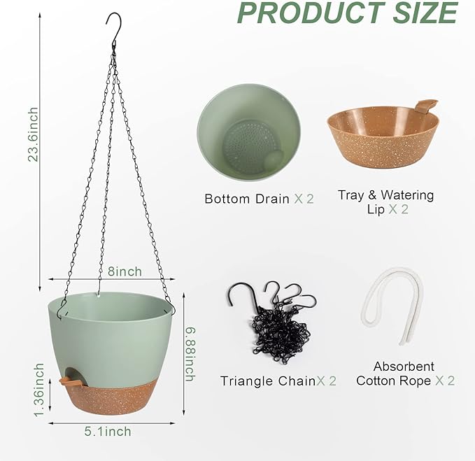Vanslogreen Hanging Planters for Indoor Outdoor Plants, 2 Pack Self Watering Hanging Pot with Drainage Holes & Removable Tray (Green, 8'')