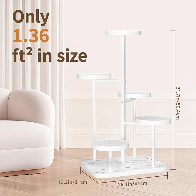 LASZOLA 5 Tier Tall White Plant Stand Rack Indoor Outdoor House, Heavy Duty Multi Level Metal Organizer, Vertical Narrow Unique Spiral Folwer Holder, Plastic Marble Decor for Patio Bathroom Office