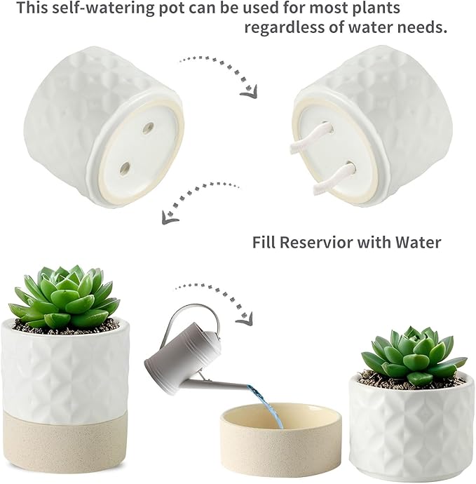 Nihow Self Watering Plant Pot for Indoor Plants: 6 Inch Ceramic Planter with Drainage Hole & Water Storage Plus - Cylinder Flower Pot with Wick for Herbs - Matte White & Brown Star
