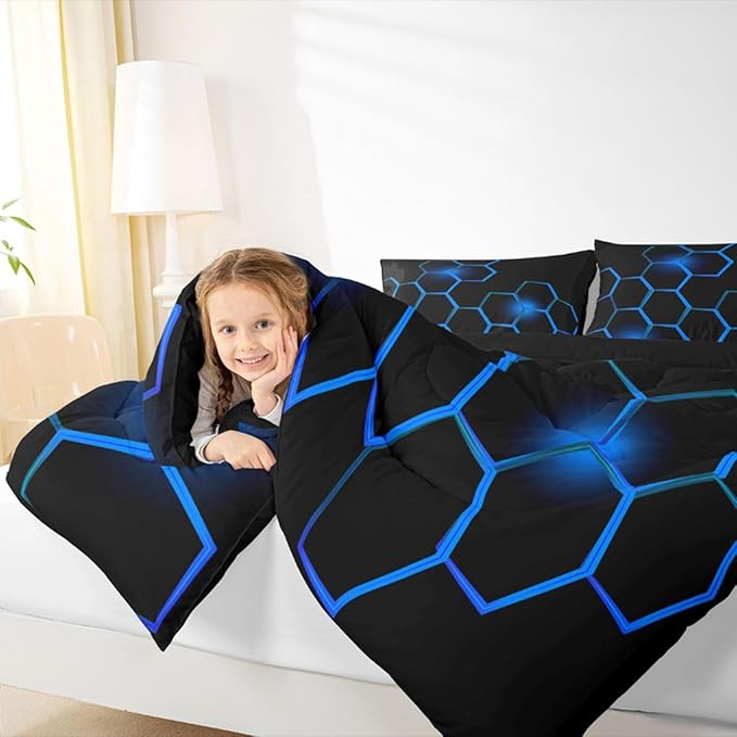 Feelyou Honeycomb Kids Comforter Set ModernHexagon Bedding Set for Boys Children Teens Bedroom Decor Geometrical Comforter Beehive Geometric Black Blue Duvet Set Full Size with 3 Pillow Case