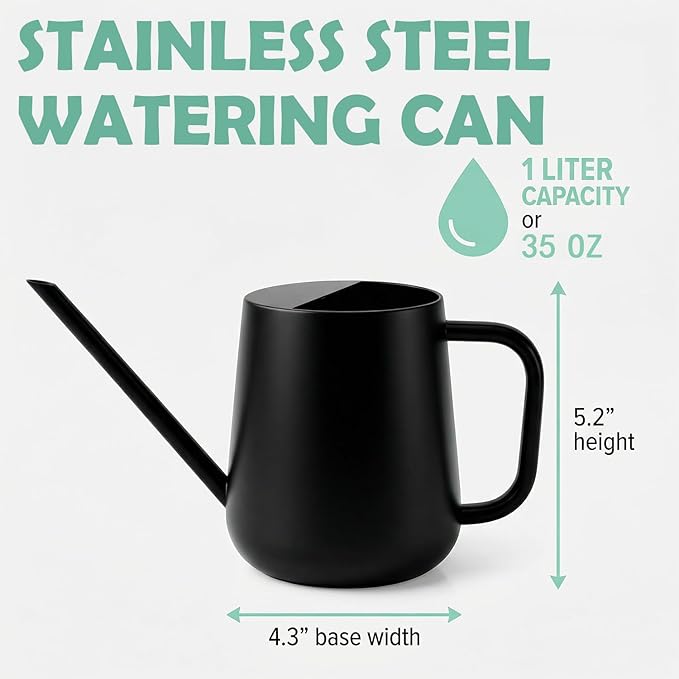 Watering Can for Indoor & Outdoor Plants, 35 oz/1000ml Watering Can with Metal Handle, Stainless Steel Garden Long Spout Watering Pot for Indoor House Plants Bonsai Flower Decorative