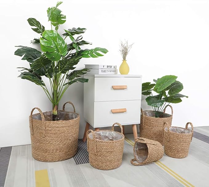Seagrass Basket Planters Flower Pots with Plastic Liner, Plant Containers Storage Holder Wicker Rattan Vase with Handle