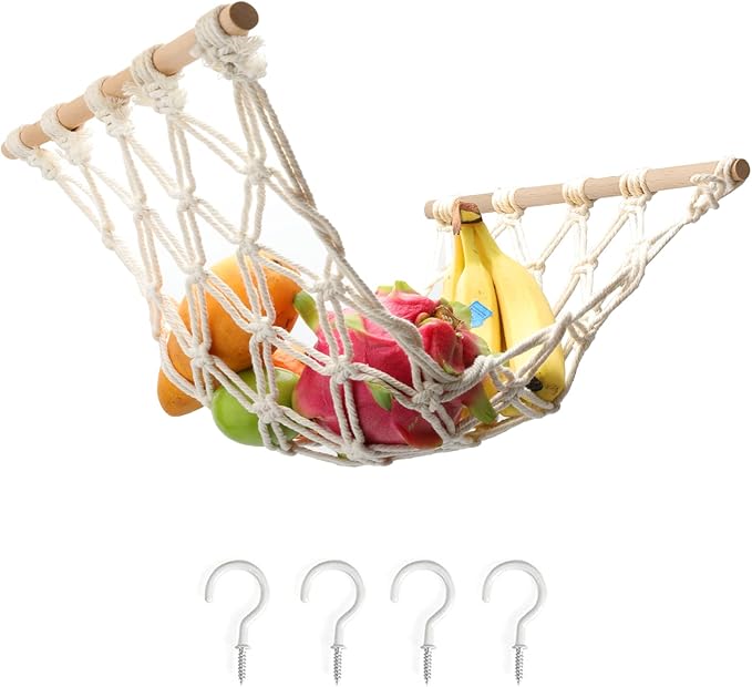 Hanging Fruit Hammock with Hooks, Hanging Fruit Basket Under the Kitchen Cabinet for Storing Banana Fruits, Hand-Woven Hanging Basket, Valentine's Gifts for Kitchen Décor, Rectangle