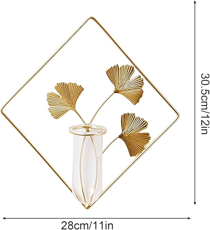 Hanging Gold Wall Decor Flower Tubes Geometric Metal Vase Hydroponic Planter with Leaf Decoration Wall-Mounted Nordic Vase for Displaying Dried Flowers & Fake Flowers (Diamond)