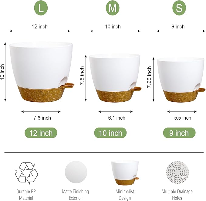 UOUZ Large Self Watering Pots, 12/10/9 Plastic Planters with High Drainage Holes and Deep Reservoir for Indoor Outdoor Garden Plants and Flowers, White with Brown