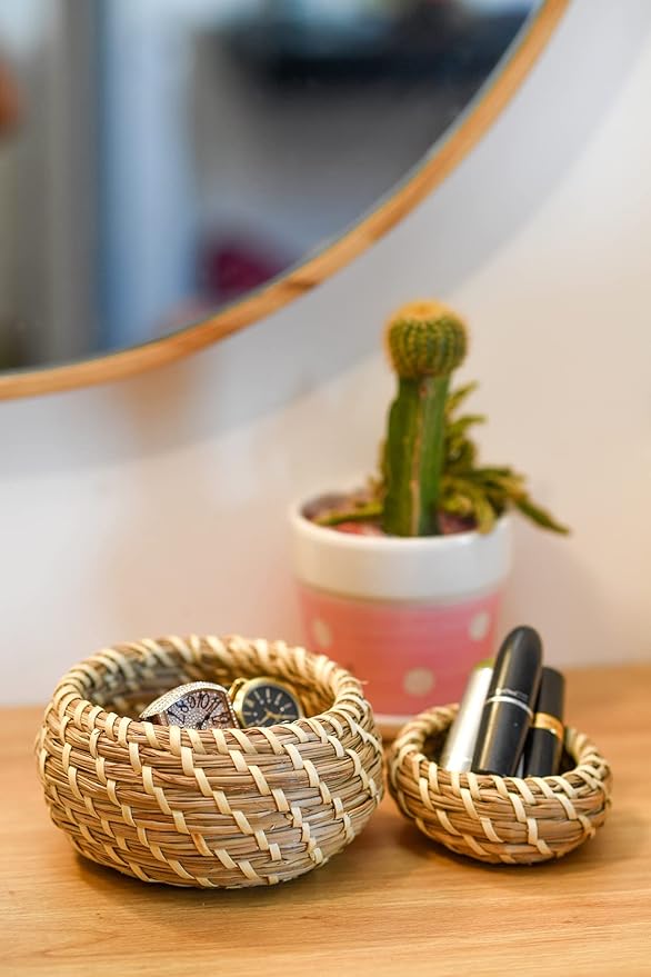 Set of 3 Round Handmade Seagrass Woven Basket with Lid – Handwoven Natural Box Storage for Accessories, Candy, Home Decor, Plant Pot, Vintage Jar Bathroom Kitchen - Elegant Design Bin (Style 4)