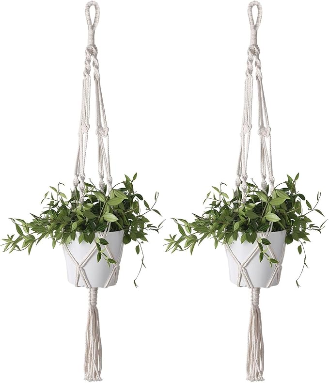 Flexzion 2 Pack White Macrame Plant Hanger - 41 Inch Macrame Hanging Planter with C & S Hooks - Indoor Hanging Plant Holder with Woven Cotton Rope for Home Decor (Plant Pot Not Included)